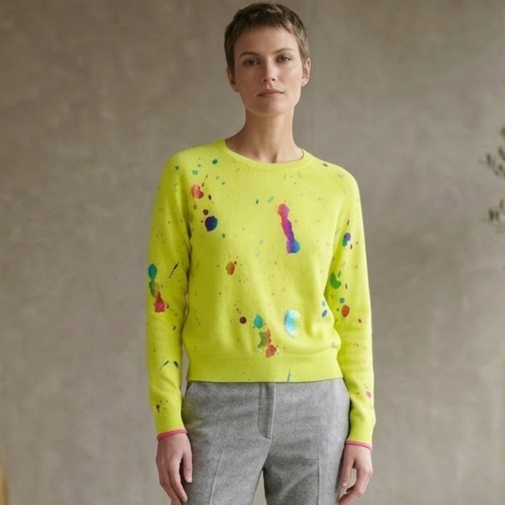 Brodie Fine Cashmere Neon Yellow Rainbow Foil Paint Splatter Sweater Med Luxury
